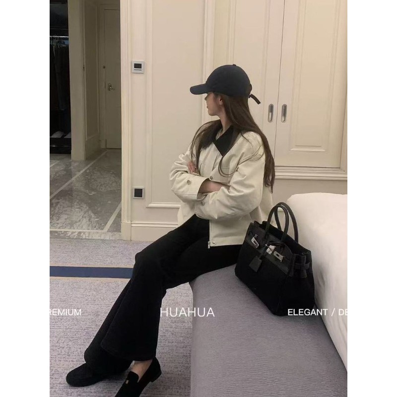 2025新款韩系简约撞色领百搭短款风衣设计感时尚夹棉外套QD61125