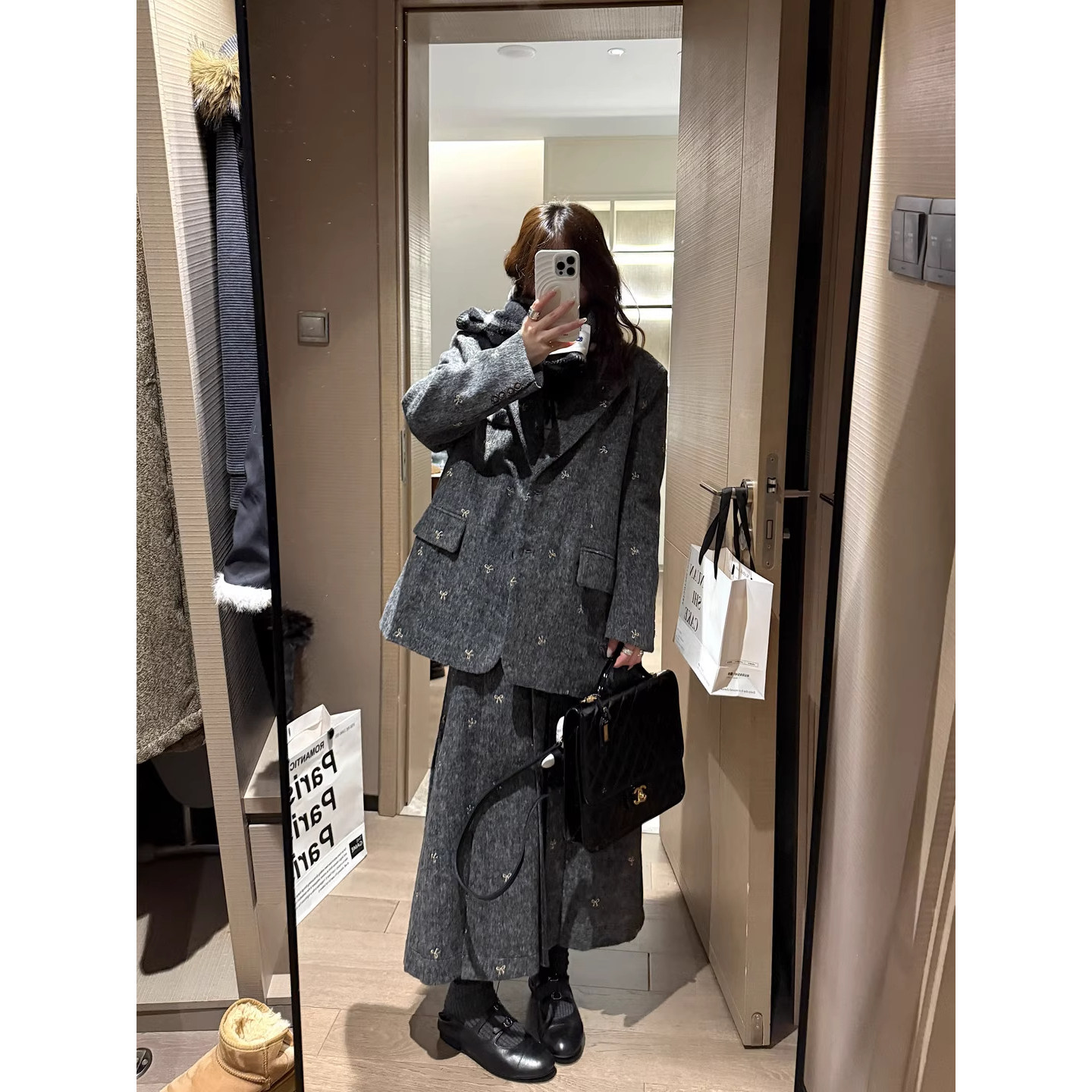 蝴蝶结外套刺绣新款2025冬季高级西装半身裙高腰套装两件套QD9619