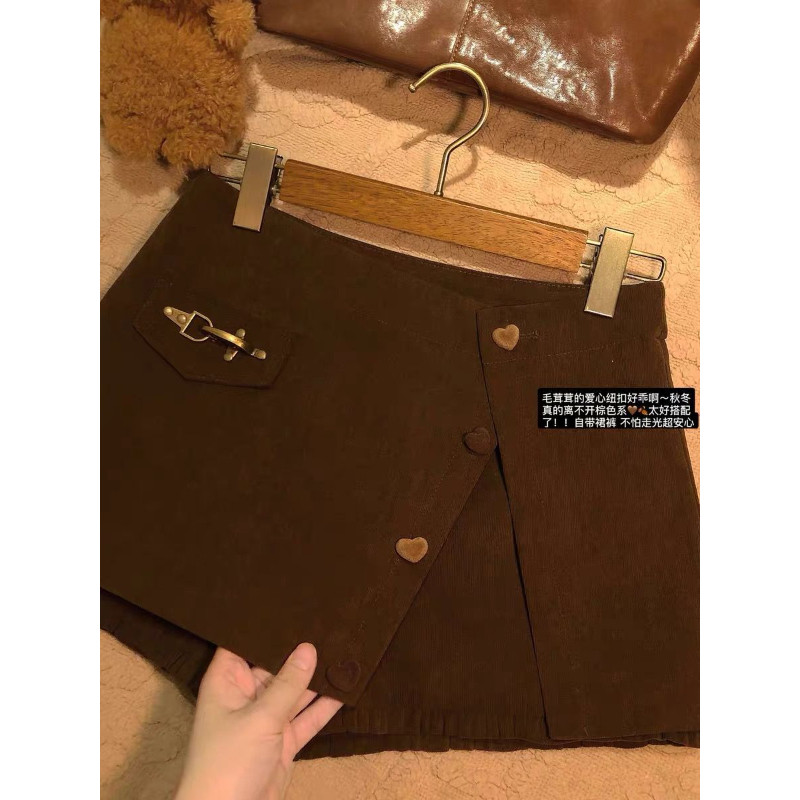 时髦摩卡棕爱心纽扣开叉韩版显瘦裤裙半身裙秋冬百搭QD86062