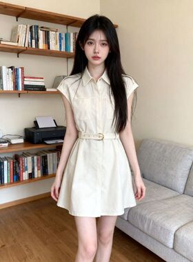 2026春夏新款米杏色中国风收腰连衣裙女气质通勤工装裙QD80850