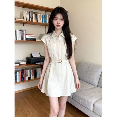 2026春夏新款米杏色中国风收腰连衣裙女气质通勤工装裙QD80850