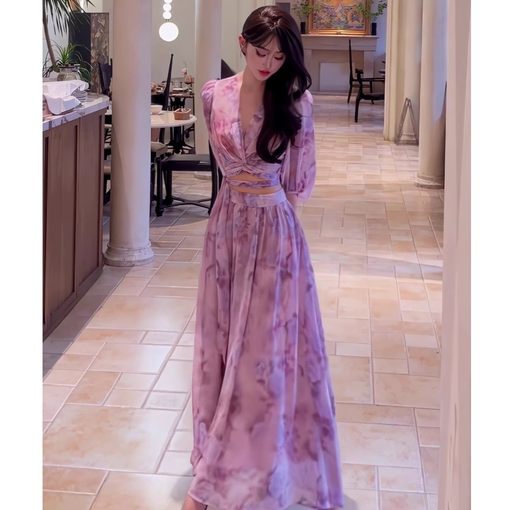 法式夏季海边度假风气质女神范轻奢高级感女人味粉色碎花裙套装