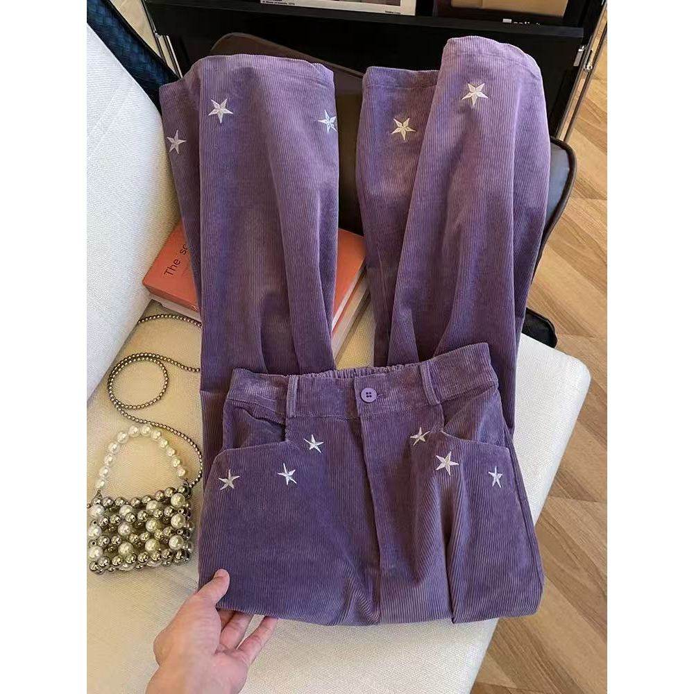 紫色慵懒风星星阔腿裤2025冬韩系高腰简约显瘦休闲直筒裤QD85583