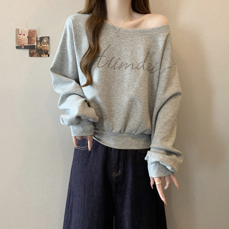 实拍美式慵懒chic灰色斜肩短款卫衣女春秋新款辣妹慵懒风长袖上衣