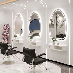 理发店镜台圆镜子理发店镜子柜子一体挂墙美发店带灯壁挂烫染镜子