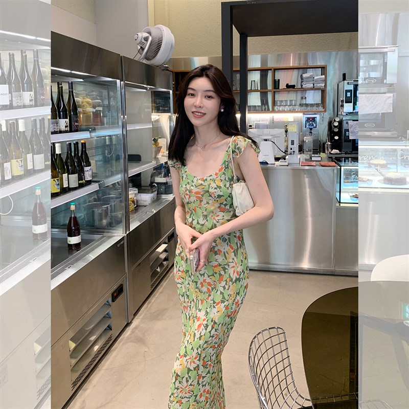 现货Lazy zoe 绿野仙踪真丝乔其皱皱裙 碎花连衣裙印花无袖气质茶