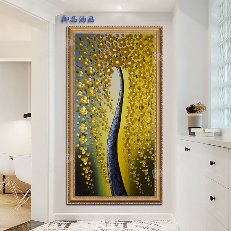 极速欧式玄关装饰画手绘油画发财树横竖现代简抽象立体3D过道走廊图片