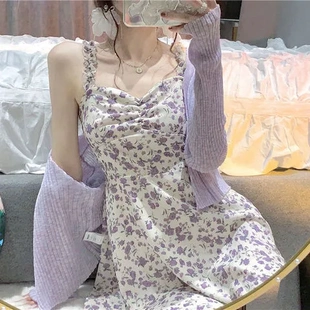 中長(zhǎng)夏裝 2021年吊帶碎花裙子短裙ins甜辣 連衣裙冰絲超仙新款