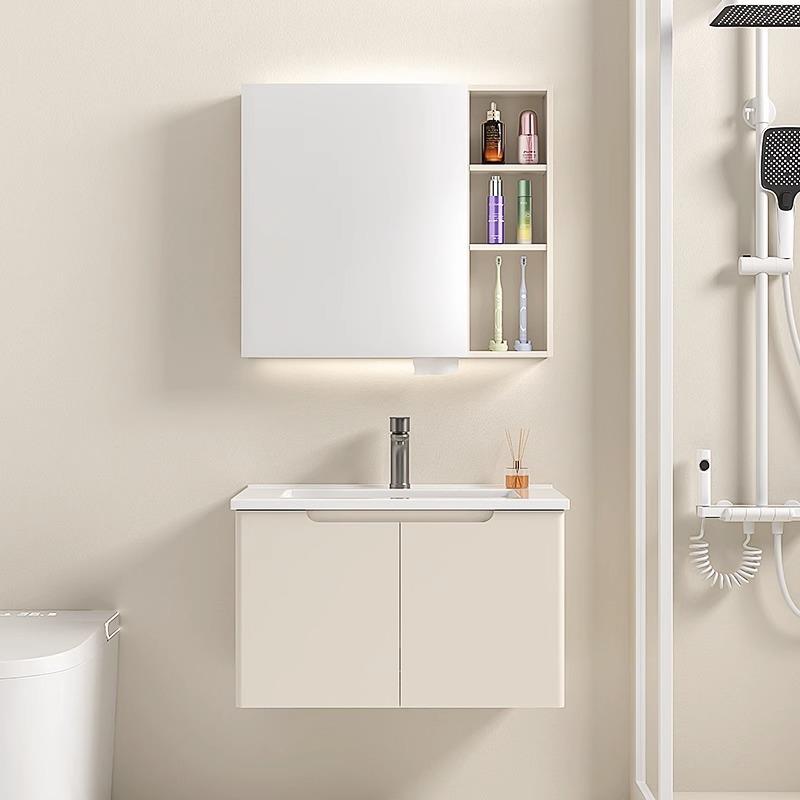 圆弧日式奶油风浴室柜组合陶瓷一体盆实木烤漆洗漱洗手洗脸台盆柜