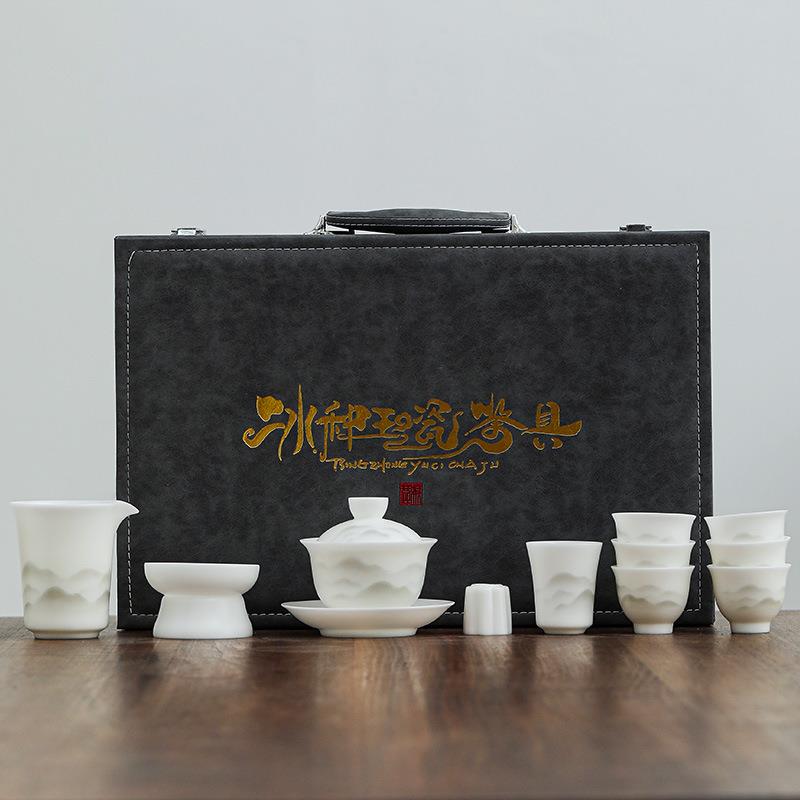 冰种玉瓷素烧茶具套装德化盖碗羊脂玉高档礼瓷水墨江山茶具
