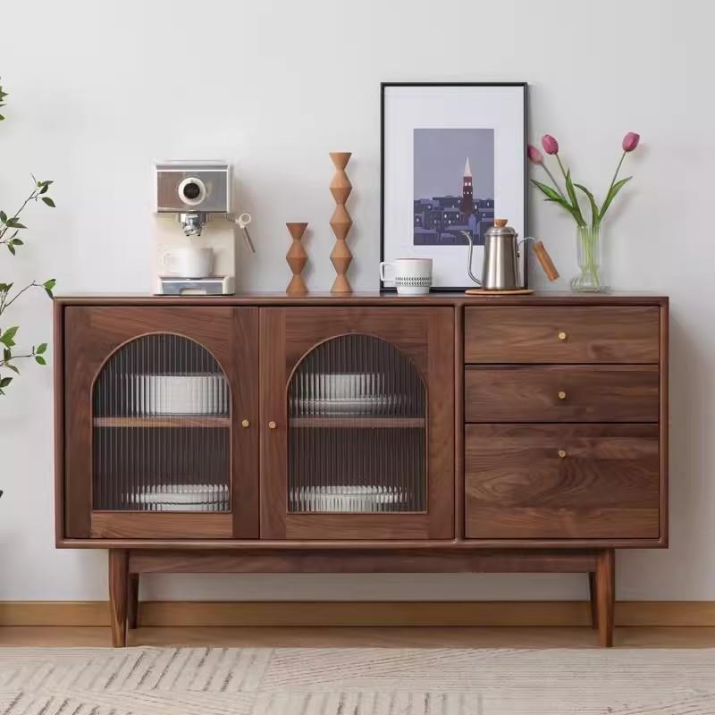 北美黑胡桃木实木餐边柜复古客厅茶水柜樱桃木玻璃储物柜餐厅边柜