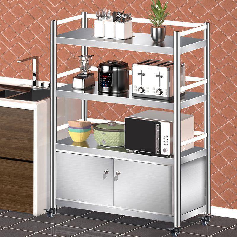 可移动不锈钢带柜子储物架厨房橱柜置物架烤箱微波炉架货架带轮子