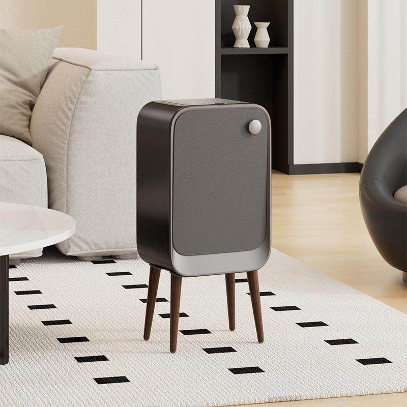 轻奢家用智能感应双开带盖侧开高脚垃圾桶木纹皮纹卧室客厅