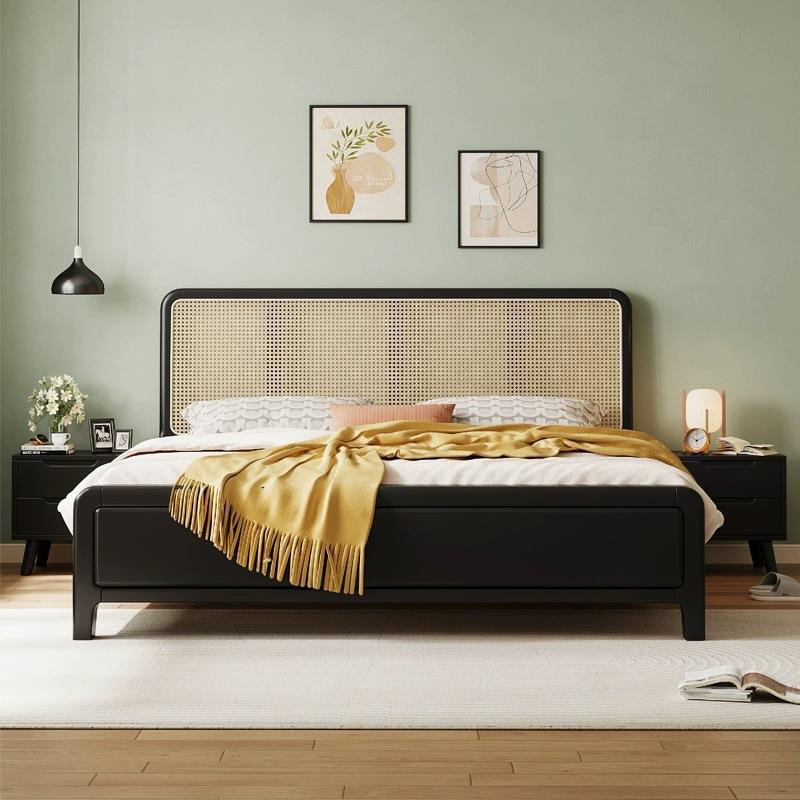 藤编实木床1米5简约储物床家用主卧双人床1米8*2米小户型单人床架