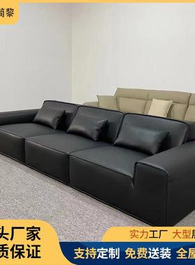 现代简约夏图真皮沙发大黑牛豆腐块意式极简客厅直排四人位皮沙发