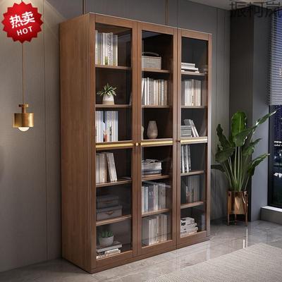振Y1jgz全实木书柜带玻璃门三门现代简约书架储物柜防尘书橱办公