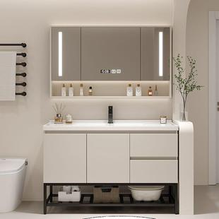 包安装智能轻奢奶油风陶瓷一体盆实木洗手洗脸洗漱台浴室柜组合款