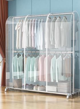 家用双层落地衣架带防尘罩卧室衣帽架遮灰透明衣服挂衣袋防尘收纳