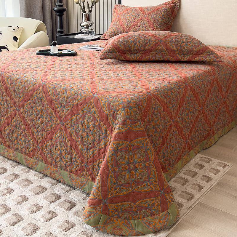 全棉双层纱床盖单件家用绗缝夹棉床单三件套四季通用单人铺盖炕盖