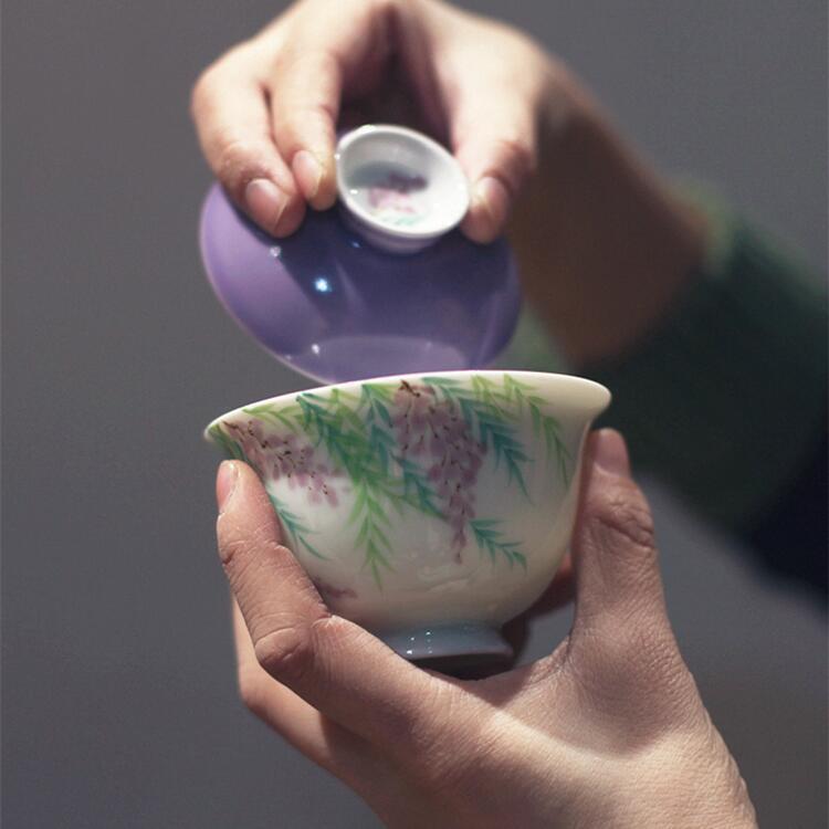 《紫藤花》木槿紫清欢薄胎盖碗釉下彩手绘茶具高温陶瓷二才