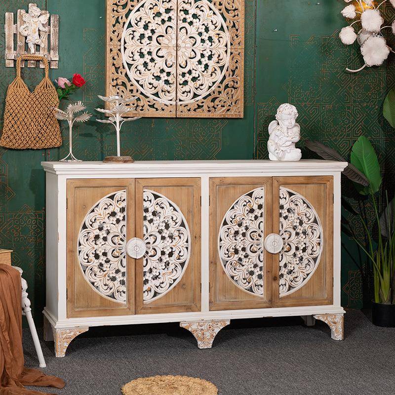 美式复古入户玄关柜客厅靠墙实木收纳储物柜子民宿做旧雕花装饰柜