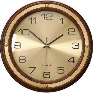 圆形实木挂钟简约新中式黄铜钟表客厅书房挂表大气时尚静音石英钟
