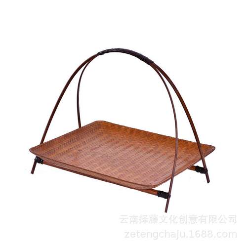 创意手工竹制编织浅果盘日式干果点心支架托盘茶点盘碟子三件套