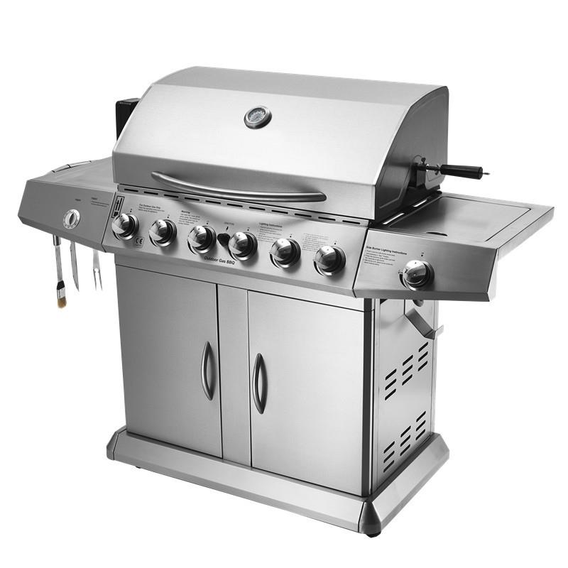 电商现货6+1炉头燃气烧烤炉出口户外燃气不锈钢烤炉架GasBBQ