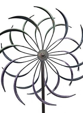 热销户外花园装饰金属工艺品双层旋转彩虹铁艺风车落地插件