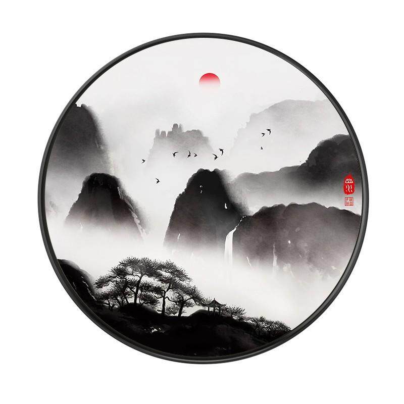 新中式装饰画禅意水墨山水画玄关圆形挂画书房茶室背景墙客厅壁画