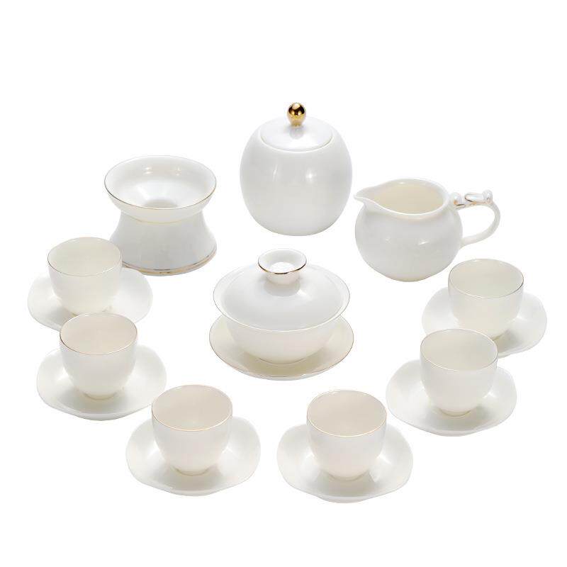高档功夫茶具套装家用办公用德化年会描金盖碗白瓷茶壶茶杯礼品盒