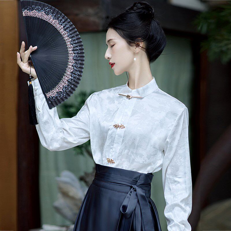 速发马裙面上小新中式改良汉服装白色长袖衬衣国风气质衣衫