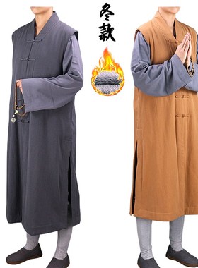 速发冬季僧蓝加绒加厚保暖长伽服褂棉麻6袖长褂出家师1无60502