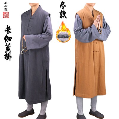 速发冬季僧蓝加绒加厚保暖长伽服褂棉麻6袖长褂出家师1无60502