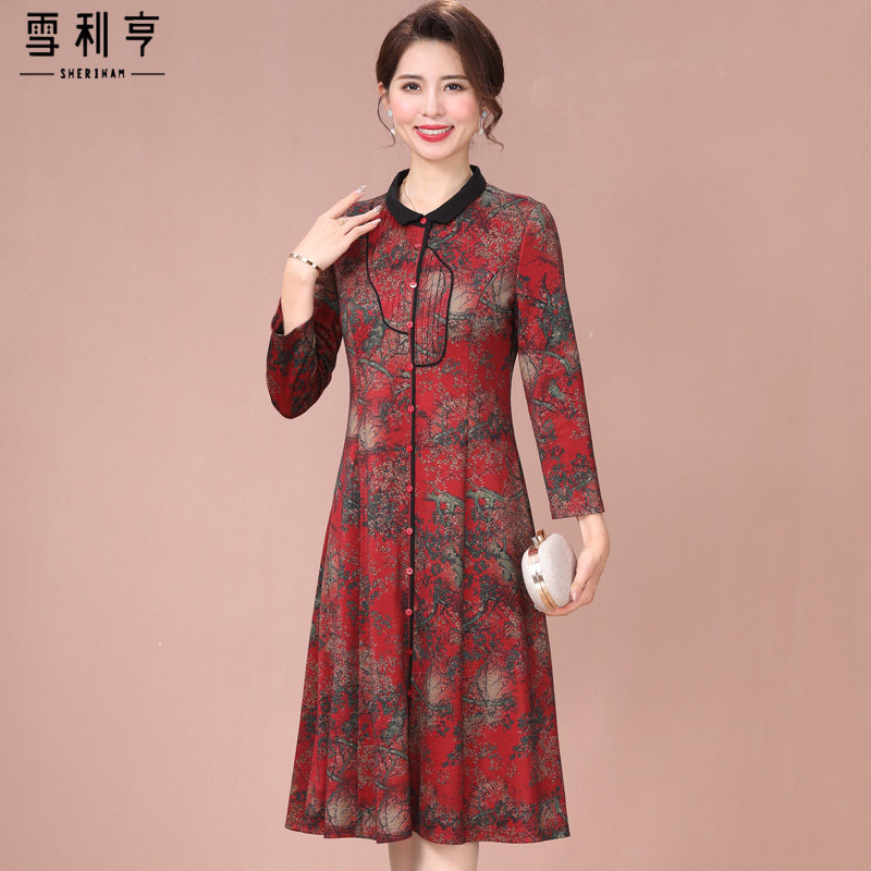 速发中年妈妈素0复古旗袍改良版连衣裙2雅25新秋春款新中式过膝长