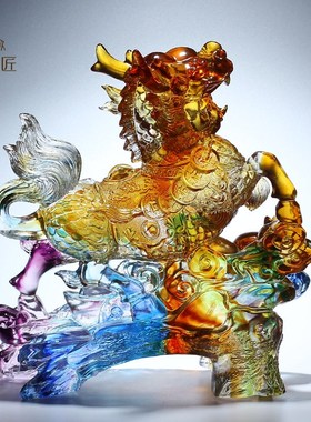 速发琉璃艺术品招财送子麒麟气件厅宅公母一对客镇装饰乔迁大摆实