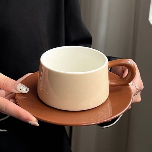 速发Ch下b初秋轻复古小咖杏众色咖啡杯碟套装陶瓷拿铁杯u午茶杯