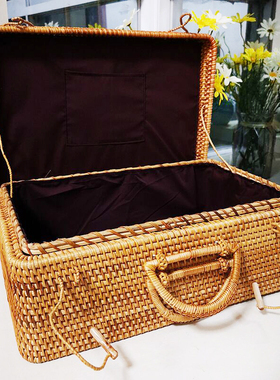 速发秋藤编大手提箱子 茶具收妆箱 旅行箱化李箱收纳盒礼品箱行纳