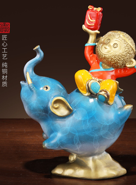 速发纯黄铜艺侯拜相摆件铜大象居猴福象家铜办公室工封品礼物