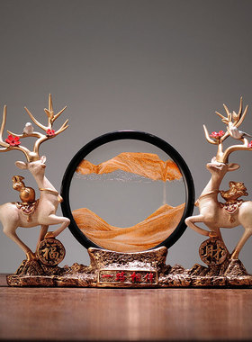 速发新中式沙漏流沙画财福鹿摆件玄关酒柜电视柜装饰品工艺品新居