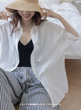 速发长OOK 镂空绣计V袖翻领2024款设花感小众宽松防晒上衣