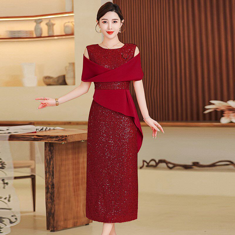 速发喜婆轻婚宴装平时可穿红色裙子结婚妈妈礼服年婆款大码连衣裙