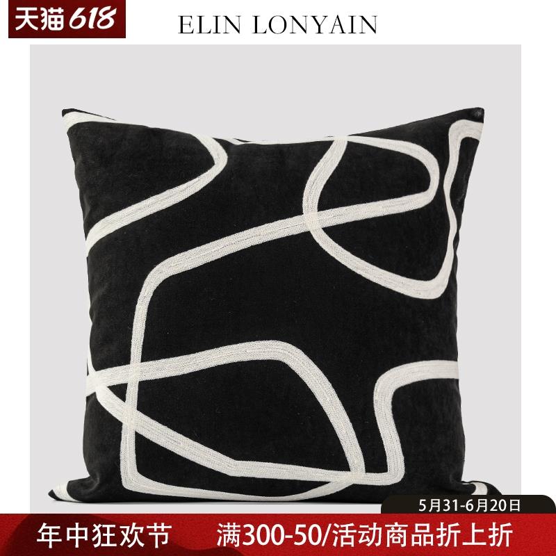 ELIN LONYAIN现代简约轻奢黑白色绣线抽象抱枕样板房设计师方枕