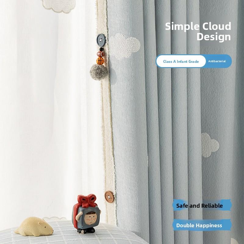 2025新蓝色卡通云儿童房窗帘女孩男孩卧室飘窗雪尼尔遮光定制