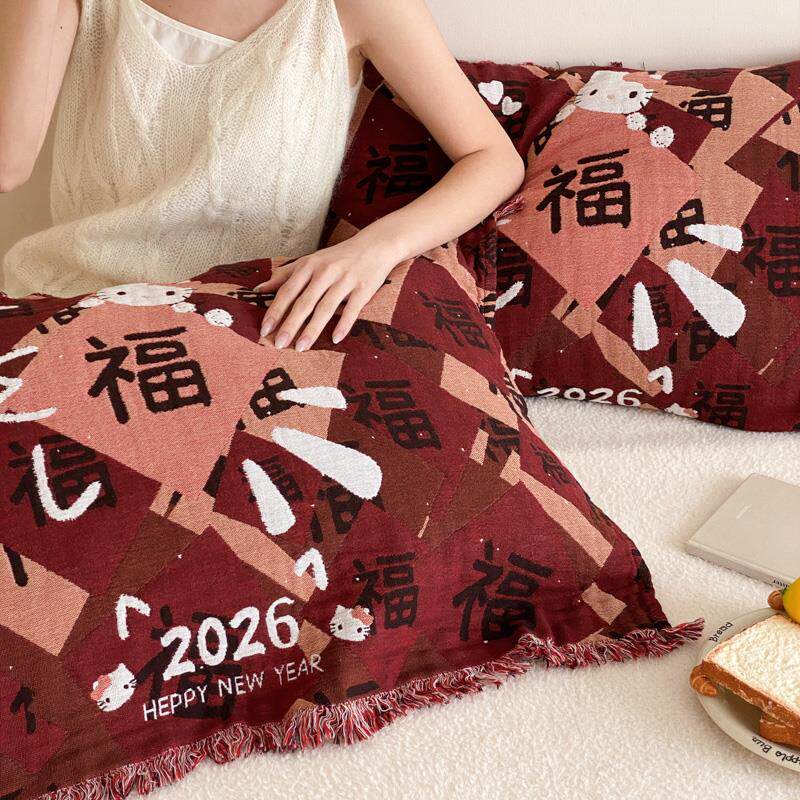 2026新年款大红色枕巾流苏四层纱布100全棉一对装防头油结婚枕套