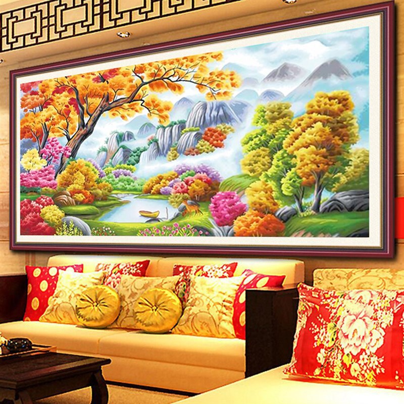 纯手工十字绣成品鸿运当头世外桃源人间仙境田园风景挂画带框出售