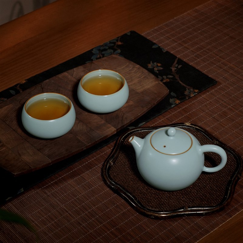 汝窑茶壶套装一壶二杯泡茶家用复古精致汝瓷茶具陶瓷露渟圆融茶组