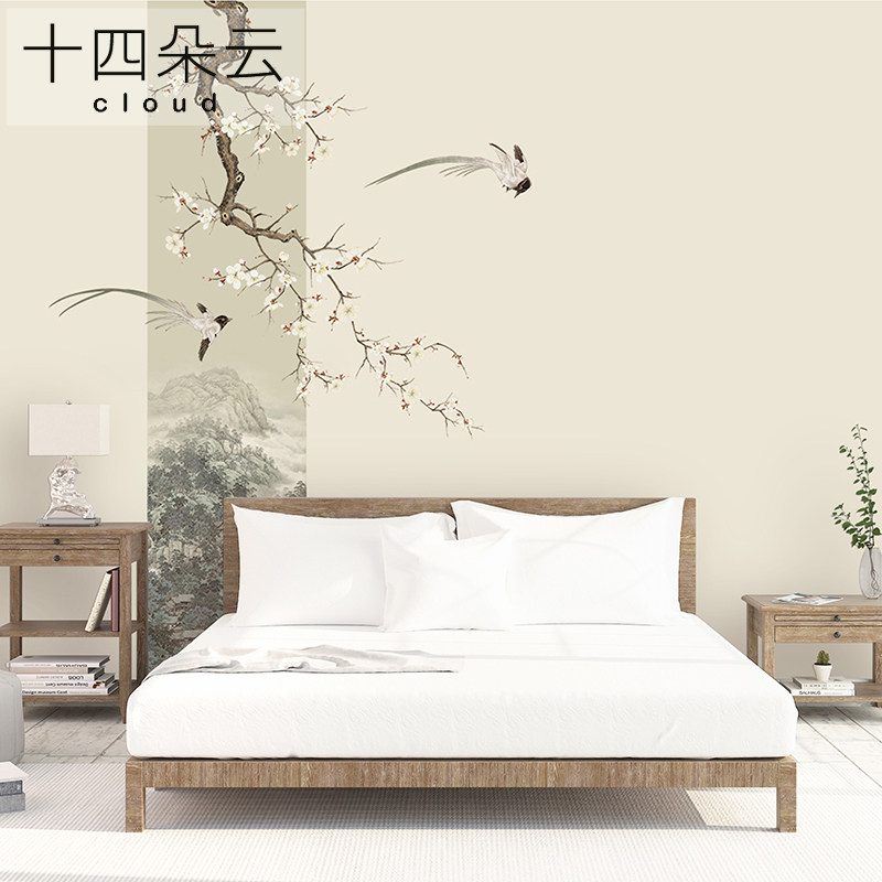 拼色中式手绘定制壁画花鸟树枝喜鹊鸟山水书房客厅沙发背景墙壁纸