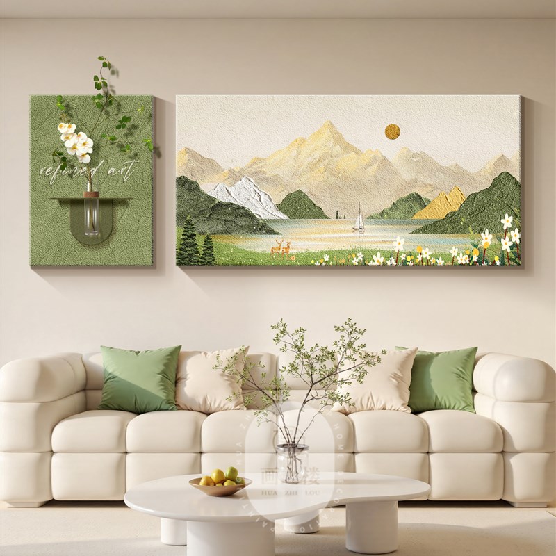 日出金山沙发背景墙挂画吸引财富的山水画砂岩纹理水培绿色植物客