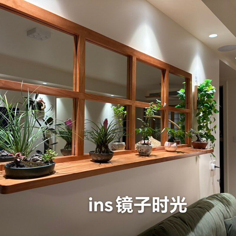 中古风家用客厅沙发背景墙装饰镜咖啡餐厅墙面装饰假窗实木格子镜